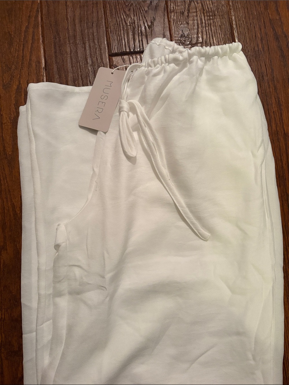 White Elastic drawstring beach pants with pockets